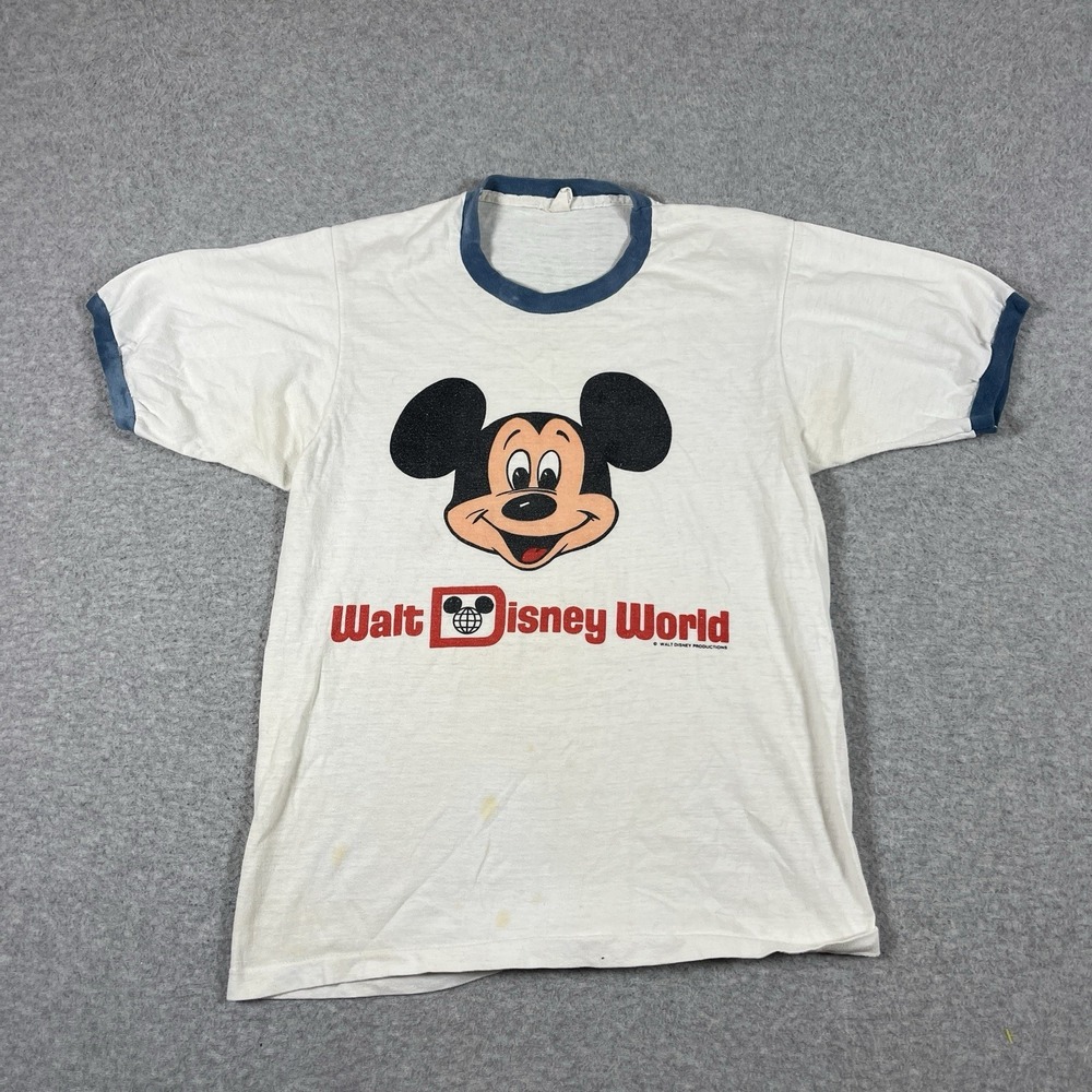 Vintage Disney T Shirt Mens Medium (Fits S) White Mickey Mouse 70s Ringer John